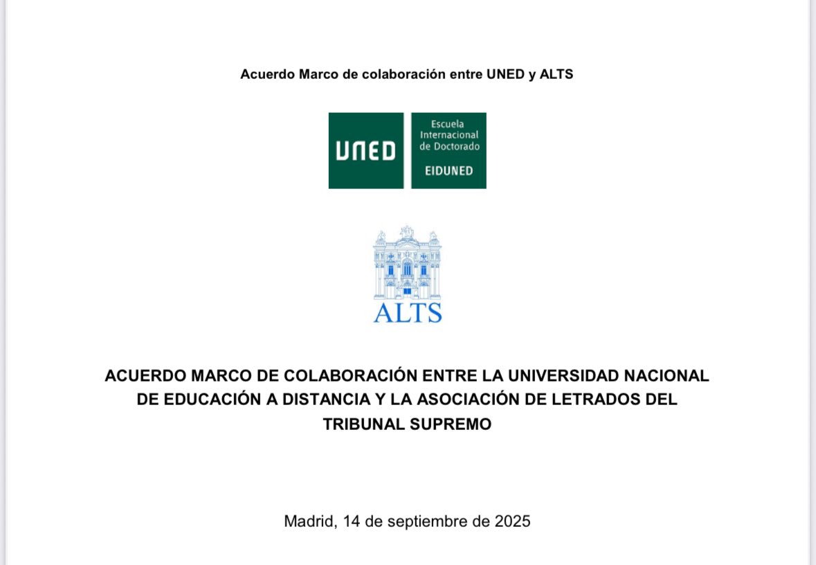 <a href="/UNED/">UNED</a> y <a href="/ALTS_oficial/">ALTS</a> firman un acuerdo 🤝marco para impulsar la formación e investigación en el ámbito jurídico. #investigación #formación #derecho #uned #ALTS