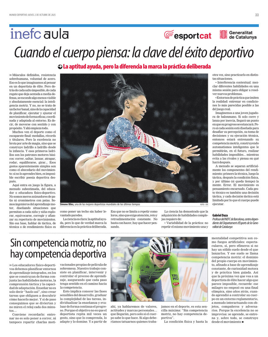 inefcat's tweet photo. 📰 MITJANS | Quan el cos pensa, com a clau de l'èxit esportiu, protagonista de l’INEFC Aula de @mundodeportivo

✍️ Gabriel Daza, professor de l'INEFC Barcelona, n'és l'autor.

ℹ️ https://t.co/eapjzllmrs

#SomINEFC #MitjansINEFC @esportcat https://t.co/cniKJsJYfl