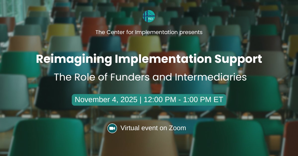 TCI_ca's tweet image. 🌍 How can we set up #implementation support systems to scale initiatives? Join TCI’s upcoming free #VirtualEvent:

Reimagining Implementation Support: The Role of Funders &amp;amp; Intermediaries.

🗓️ Nov 4 | 12 PM ET | 💻 Zoom

👉 Register: thecenterforimplementation.com/reimagining-im…