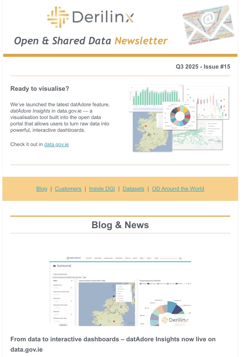 derilinx's tweet image. 📣 Our Q3 #newsletter is out! 👉 bit.ly/3VHDC0N
Spotlight on #DataVisualisation with the launch of #datAdore Insights on bit.ly/46HYRpD + pilot dashboards. Also: new FAQs page, training from data.europa & more.
#DataSharing #OpenData #DataPortal