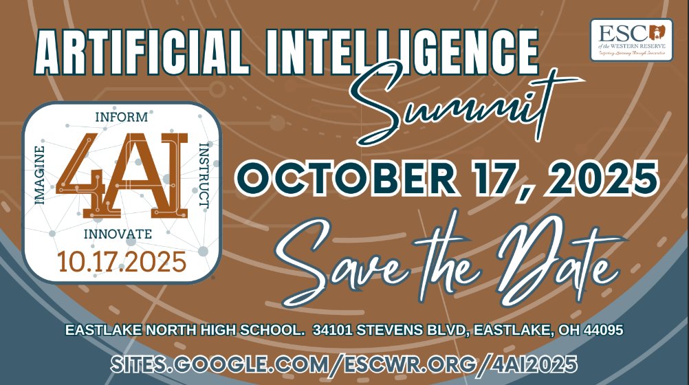 Get registered today! 4AI Summit 2025: October 17, 2025. Engaging speakers on educational technology topics related to AI. FREE registration!

Visit for details and to register: bit.ly/4AISummit2025

 #4AISummit2025 #ArtificialIntelligence #EdTech #AI #NEOEducators <a href="/ESCoftheWR/">ESC of the Western Reserve</a>