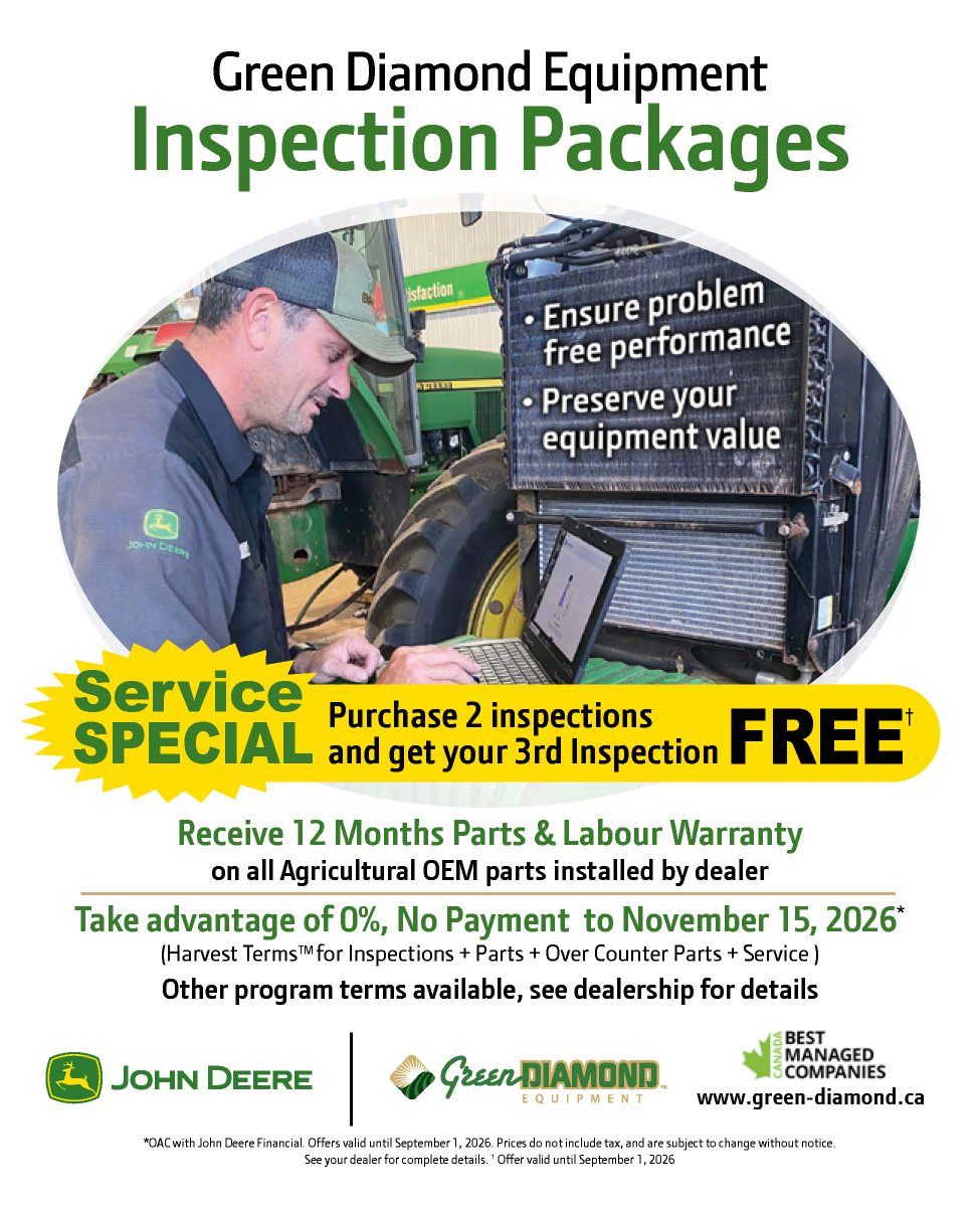 🛠️ New Inspection Booklet is OUT! 🛠️
Before winter hits, get your equipment inspected by trained techs.
🎁 Buy 2 Inspections, Get 1 FREE
📅 Discounts start Oct 1 
💸 0% Interest &amp; No Payments til Nov 15/26 (O.A.C.)
📍 Ask for details!
#FarmEquipment #WinterPrep #InspectionDeal