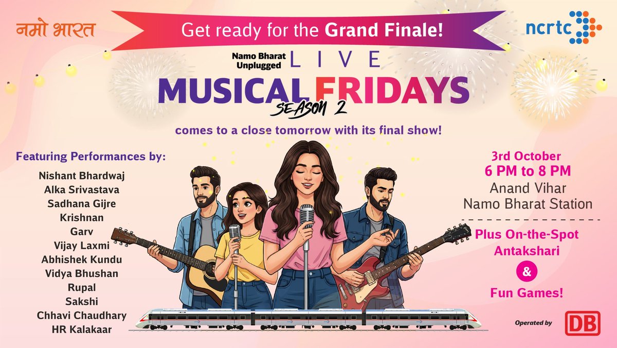 The wait is almost over! 

The Grand Finale of #NamoBharatUnplugged: #LiveMusicalFridays is happening tomorrow at Anand Vihar #NamoBharat Station, 6 PM onwards.

Live music, Antakshari &amp; fun games await! Don’t miss the closing night of Season 2 

#NCRTC #DB