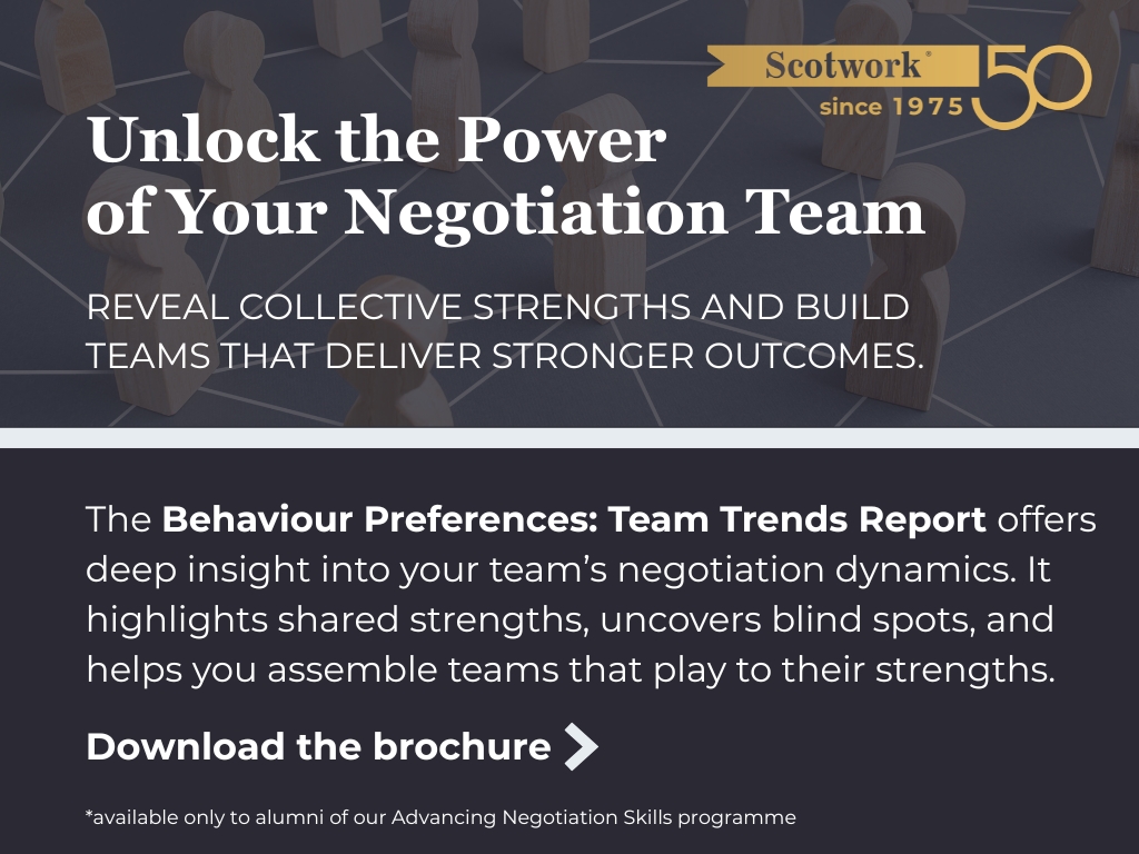 Our Behaviour Preferences: Team Trends Report uncovers the strengths and weaknesses within your negotiation team, helping you build groups that complement each other, align strategies, and deliver stronger results.

Download the brochure to learn how: scotwork.com/behaviour-repo…
