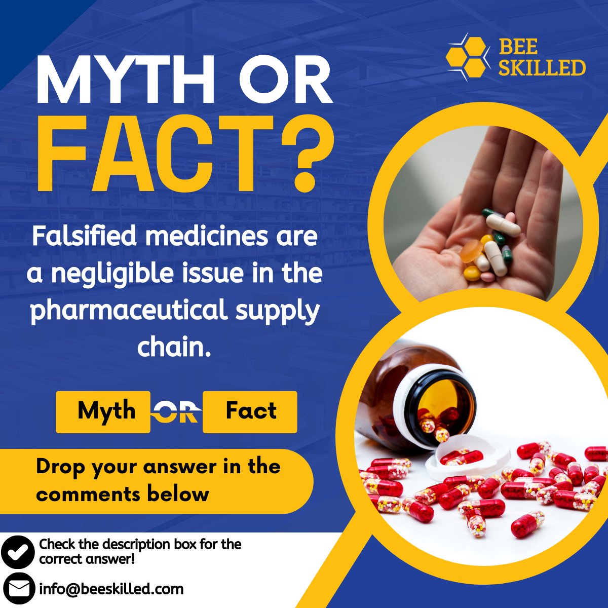 Myth: Falsified medicines are a negligible issue in the pharmaceutical supply chain. 

Fact: Falsified medications pose a significant threat to patient safety and the integrity of the healthcare system. 

Read more: pmc.ncbi.nlm.nih.gov/articles/PMC11… 

#MythOrFact #BeeSkilled