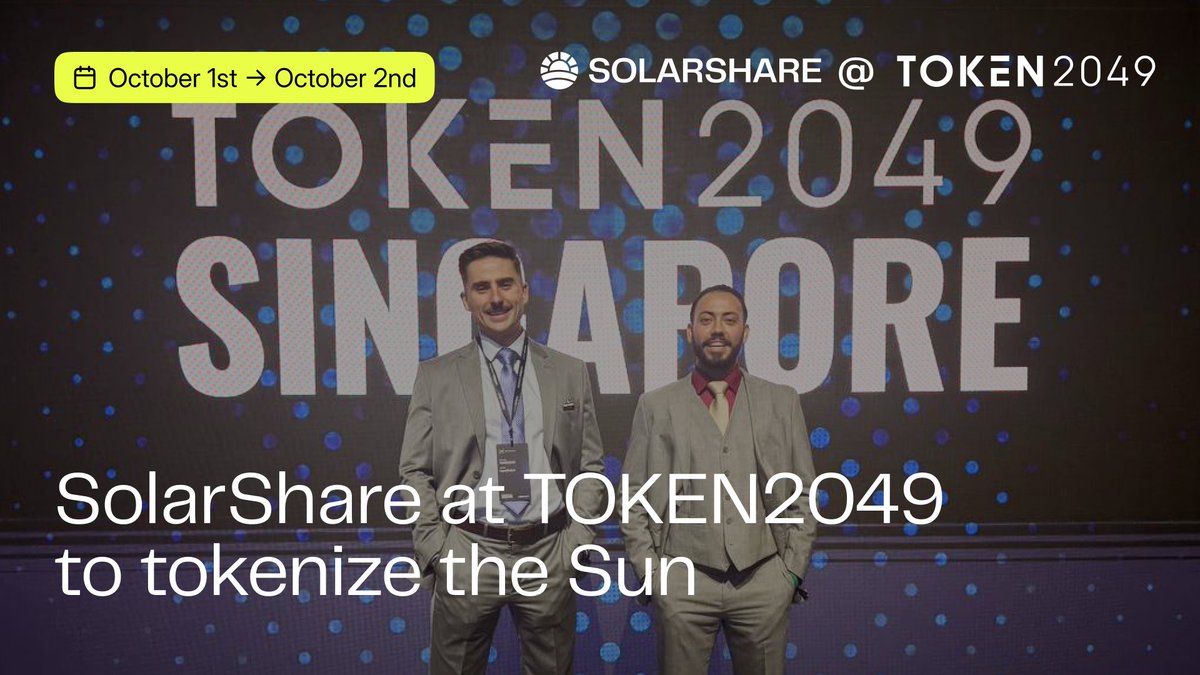 SolarShareNFT's tweet image. Our team is on the ground in Singapore 🇸🇬

Our CEO @WillSolarShare  and COO @eigirdas001 are attending @token2049  (Oct 1–2) to represent SolarShare, connect with partners and explore new opportunities in the RWA space.

If you&apos;re in town, let’s meet!