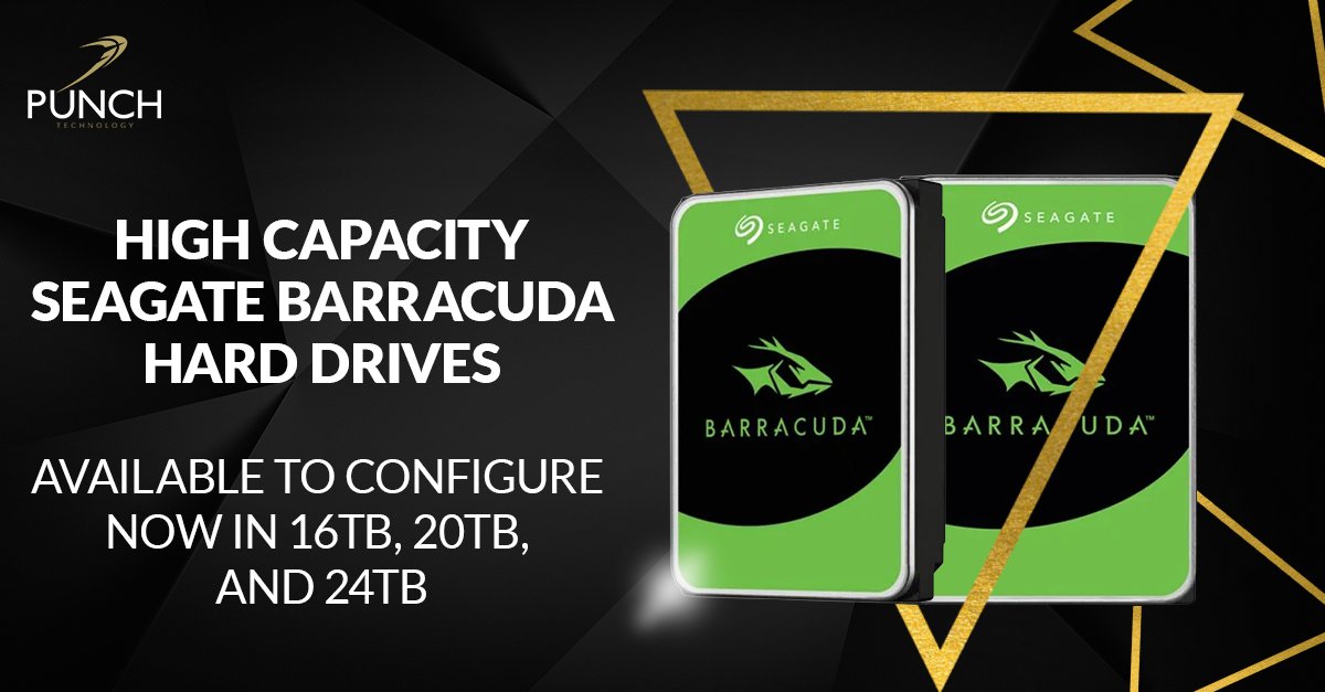 High capacity Seagate Barracuda Hard Drives are now available to configure in your Punch Technology systems. Whether for high-end computing, workstations or  even servers. Available now in 16TB, 20TB and 24TB capacities.

punchtechnology.co.uk