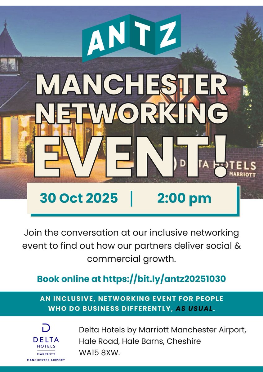 #ManchesterNetworkingEvent!

ANTZ #Networking returns on 30 October from 2 pm.

Learn how ANTZ network partners do business differently to grow commercially &amp; deliver #SocialImpact locally.

#BookNow bit.ly/antz20251030.

#SocialValue #NetworkingWorks #NetworkingEvent