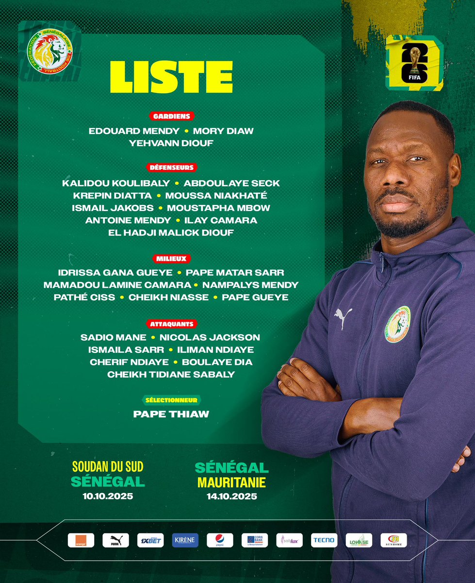 #Officiel | La liste de Pape Thiaw 🇸🇳pour les matchs du mois d’octobre, comptant pour les 5e et 6e journées des qualifications à la Coupe du monde.

📸 <a href="/GaindeYi/">Equipe du Sénégal</a>