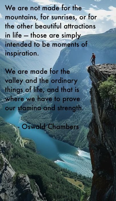 BetterThghts's tweet photo. We are not made for the mountains, for sunrises, or for the other beautiful attractions in life— those are simply intended to be moments of inspiration. 

We are made for the valley and the ordinary things of life, and that is where we have to prove our stamina and strength. https://t.co/AXYGfMZsJ1