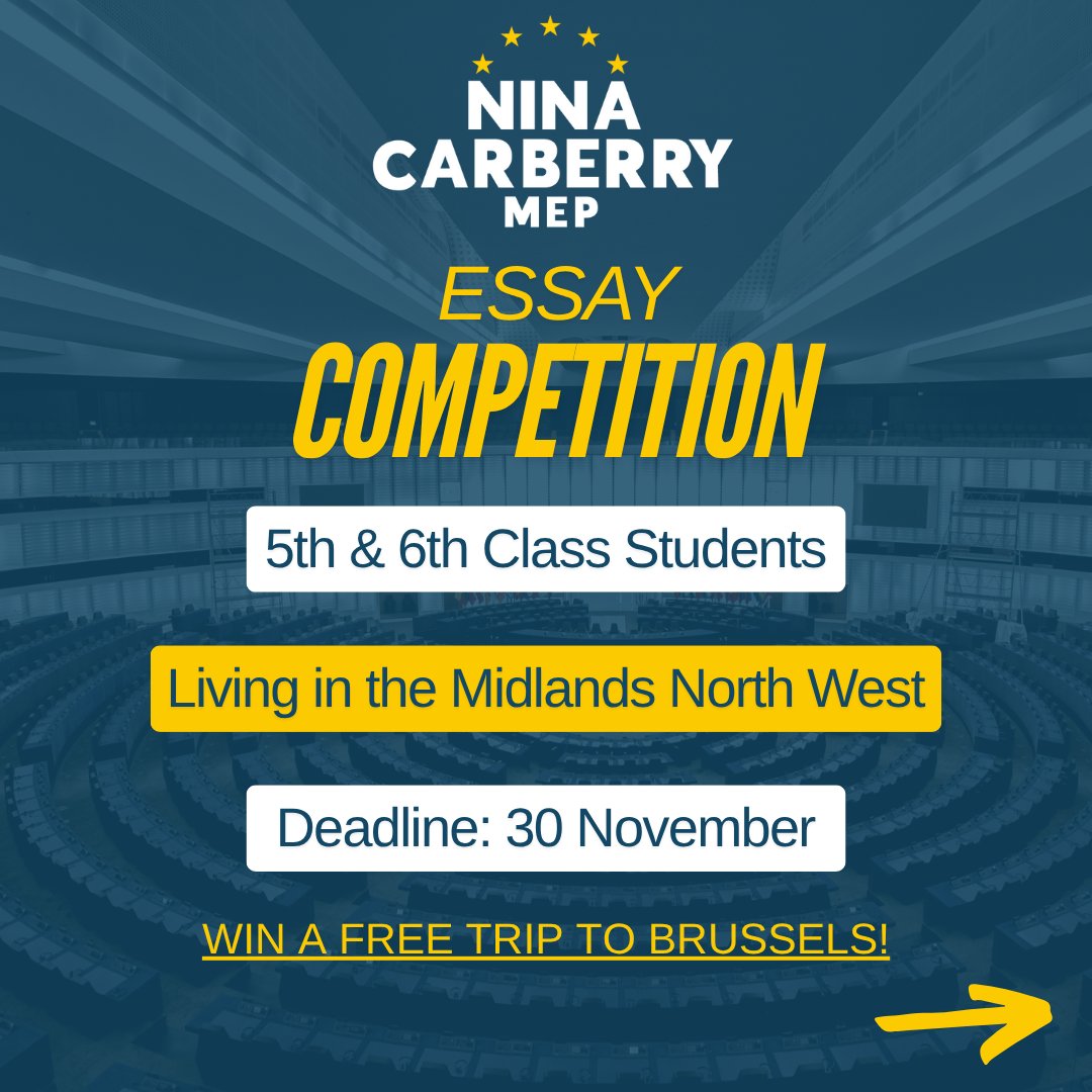 ninacarberry's tweet photo. Win a trip to Brussels! 🇪🇺

Have you a child or relative in 5th or 6th class who is interested in being an MEP for a day? Apply now to my essay competition to be in with a chance of winning. 

More info: https://t.co/rLaK80RsIB https://t.co/oA4f2aOouA