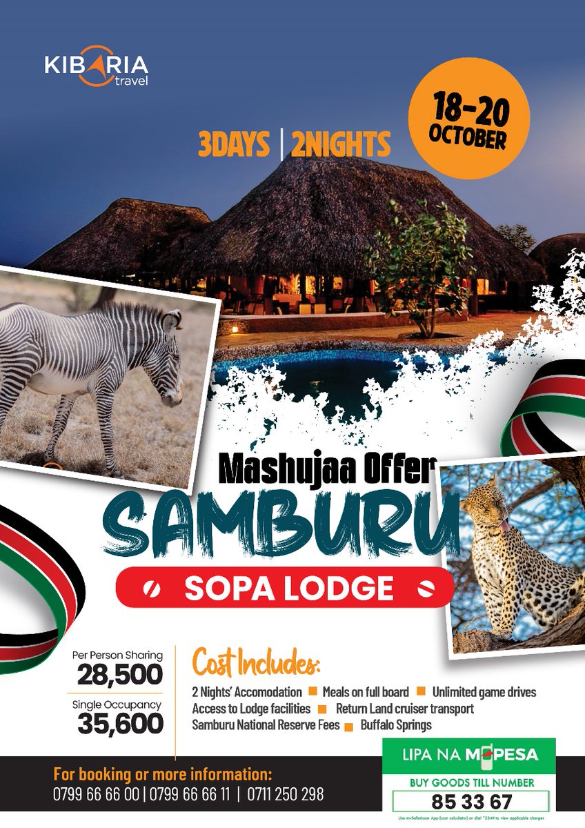 Ever heard of Samburu? It’s not just elephants &amp; sunsets—it’s where culture, cuisine, and raw wilderness collide. 🌍✨
This Mashujaa weekend, why just retweet the views when you could live them? 🐘🌄
#TembeaKenya #MashujaaWeekend