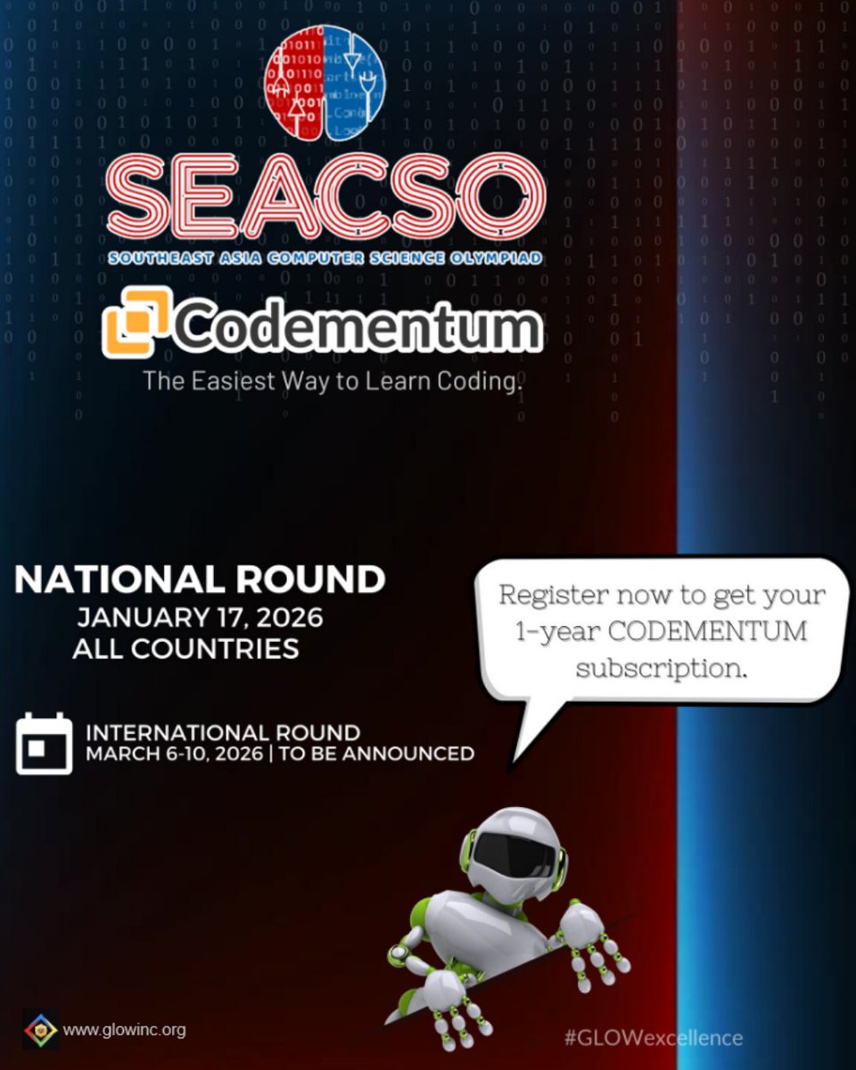 SEACSO

South Asia's Largest Coding Competition!🤩

Take your place in this exciting competition!

Register Now: t.ly/VC2Wu

#Philippines #Malaysia #Indonesia #HongKong #Singapore #Vietnam #Cambodia #Macau #India #Thailand #Myanmar #SouthKorea #CodingOlympics #Coding