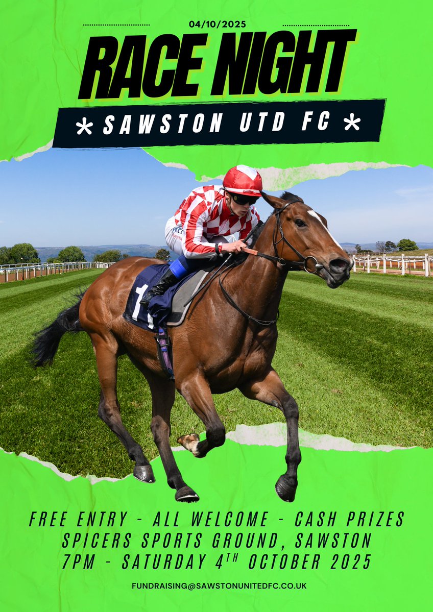 Sawston Utd FC (@sawstonutdfc) on Twitter photo The First Team host <a href="/WestWrattingFC/">West Wratting FC</a> in the Cliff Bullen Cup, The Reseves travel to <a href="/MottMacFC/">Mott Mac FC</a> whilst the A Team host <a href="/WaldenUnited/">Walden United</a> Reserves ⚽️
On Saturday wel also have our club race night at Spicers from 7pm, all welcome! 🏇🏽 #SawstonUnitedFC #Football #SUFC The First Team host <a href="/WestWrattingFC/">West Wratting FC</a> in the Cliff Bullen Cup, The Reseves travel to <a href="/MottMacFC/">Mott Mac FC</a> whilst the A Team host <a href="/WaldenUnited/">Walden United</a> Reserves ⚽️
On Saturday wel also have our club race night at Spicers from 7pm, all welcome! 🏇🏽 #SawstonUnitedFC #Football #SUFC