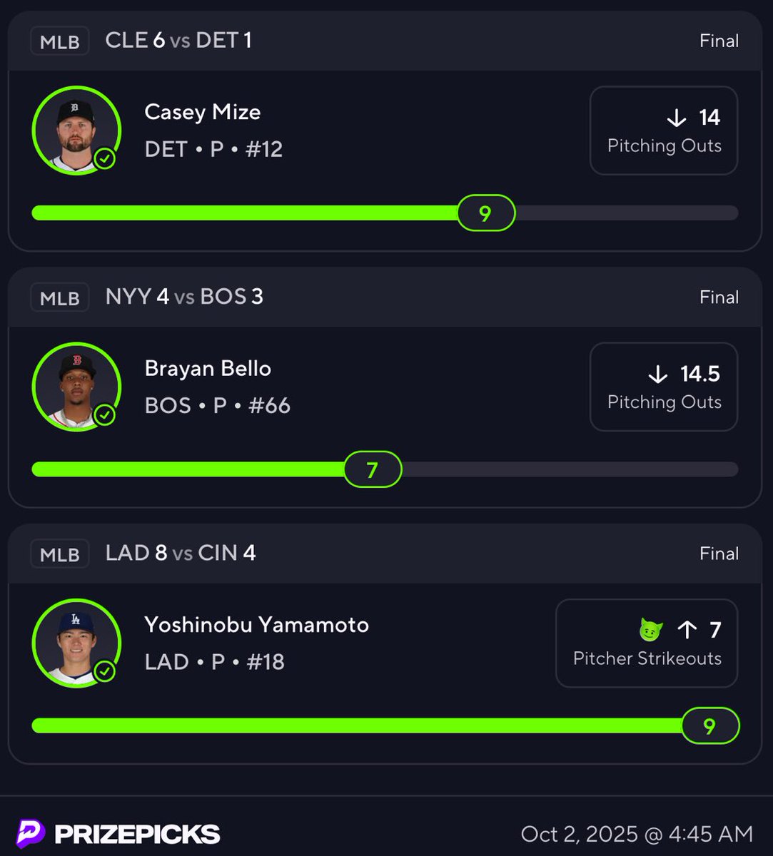 Nice night over at the DFS Huddle as <a href="/dfsbachelor/">Dfsbachelor</a> hit padres +103 &amp; Yamamoto over 8.5 Ks +137 plus I gave out this #PrizePicks 3 leg. Click link to join to get all of our bets and dfs lineups 

patreon.com/c/DFSHuddle

#sportsbetting #MLBPicks #mlbbetting #mlbbets #prizepicksmlb