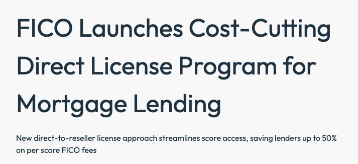 wallstengine's tweet photo. $FICO just shook up the mortgage market. 

The company launched a Direct Licensing Program that lets lenders access FICO scores without going through Equifax, Experian, or TransUnion. The move aims to cut out bureau mark-ups and give lenders more transparent pricing.

Under the new model, FICO will charge either $4.95 per score plus a $33 fee at loan closing, or a flat $10 per score, roughly in line with today’s bureau pricing but without the middleman. 

Shares of the credit bureaus sank on the news, with Equifax $EFX down 11%, TransUnion $TRU off 10%, and Experian lower in London. Fair Isaac rose 5% premarket.

Barclays called the program a “clear positive” for FICO, raising its price target to $2,400 from $2,000, noting the structure could effectively double mortgage revenue per score while shifting economics away from the bureaus.

FICO CEO Will Lansing said the change “eliminates unnecessary mark-ups” and gives lenders real choice in how they use FICO scores.