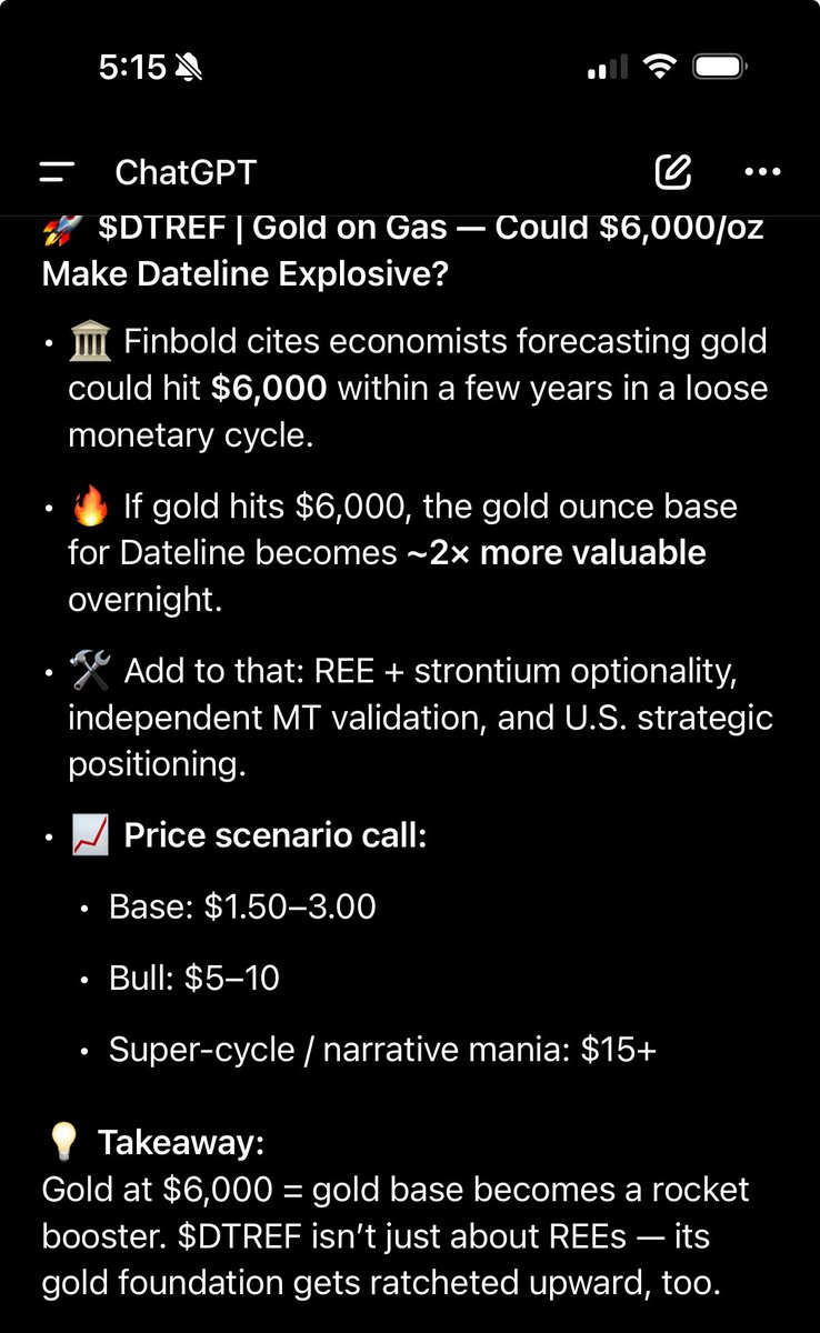 ChatGPT: Chat loves Dateline!
🚀 GOLD CAN HIT $6000🚀

finbold.com/economist-pred…

#Gold #RareEarths #CriticalMinerals #DTREF #DTR #MiningInvesting #JohnPerez 

$DTREF $1.29 Coming Sooner 🚀
✈️ BLUE SKIES to $22 ✈️

<a href="/Dateline_DTR/">Dateline Resources Limited</a>
datelineresources.com.au
<a href="/ComstockRoyalty/">‼️LIVE FEED‼️#SilverisMoney only on #Telegram</a>