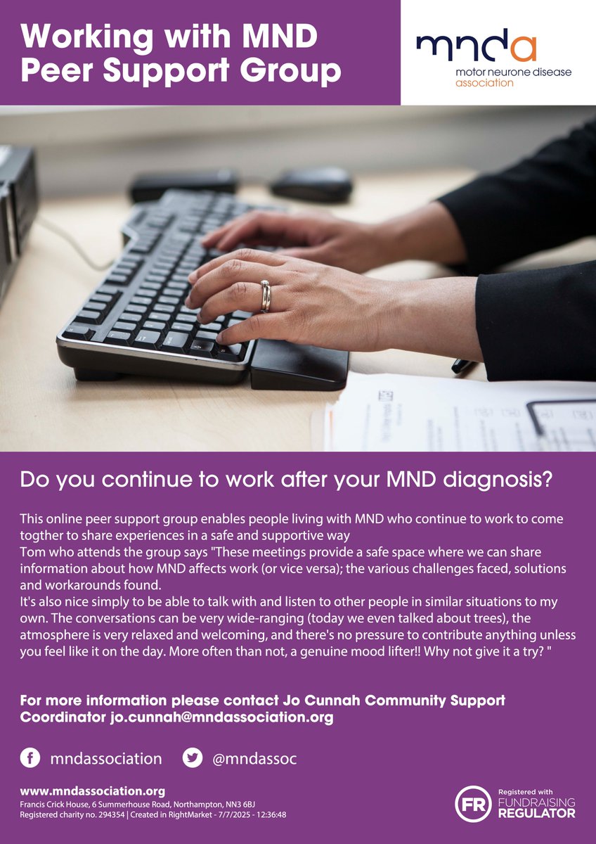 WL_MND's tweet image. Do you continue working after your MND diagnosis? 💼

Join our Working with MND Peer Support Group — a safe space to share experiences, challenges &amp;amp; solutions with others in similar situations.

📧 Contact Jo Cunnah: jo.cunnah@mndassociation.org

#mnd #PeerSupport #WorkingWithMND