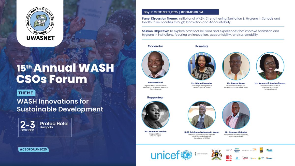 uwasnet's tweet image. Happening now is the panel discussion on Influential WASH ; strengthening sanitation and hygiene in schools and health care facilities through innovation and  accountability .  Follow the proceedings via : youtube.com/live/YyGHPlvAZ… #CSOForum2025