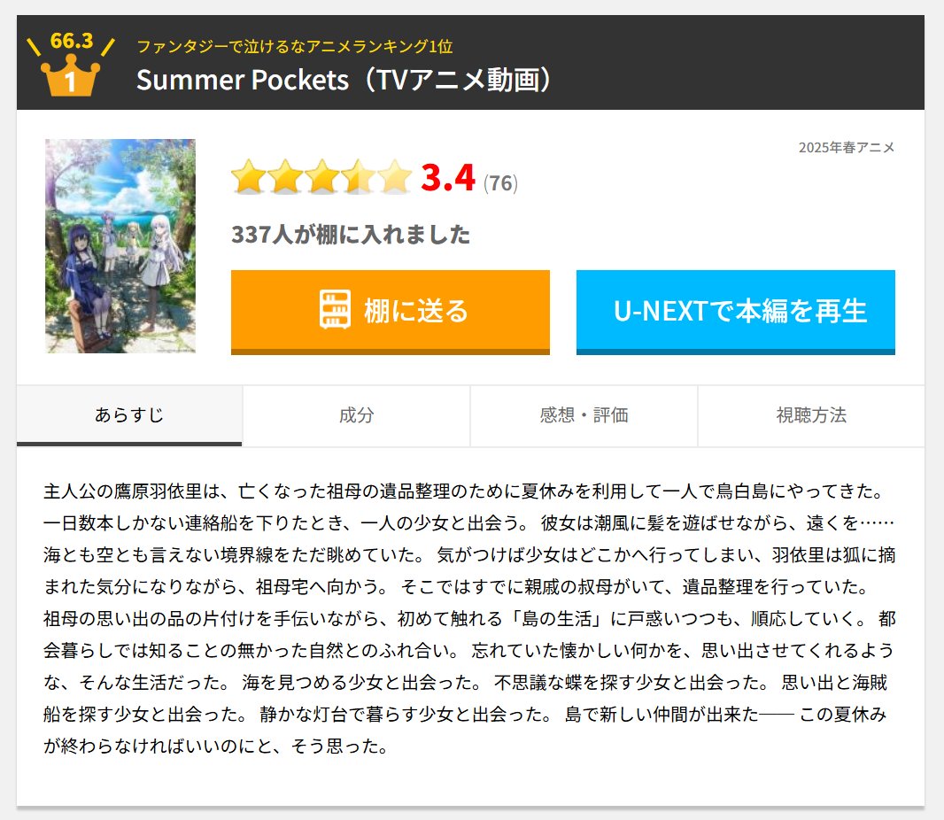 むぎゅーーー😭😭😭
ファンタジーで泣けるアニメランキング1位に
#サマポケアニメ がっっっ！！( ;∀;)💕

知らない方にも知って貰えて嬉しいです☺️

#サマポケ