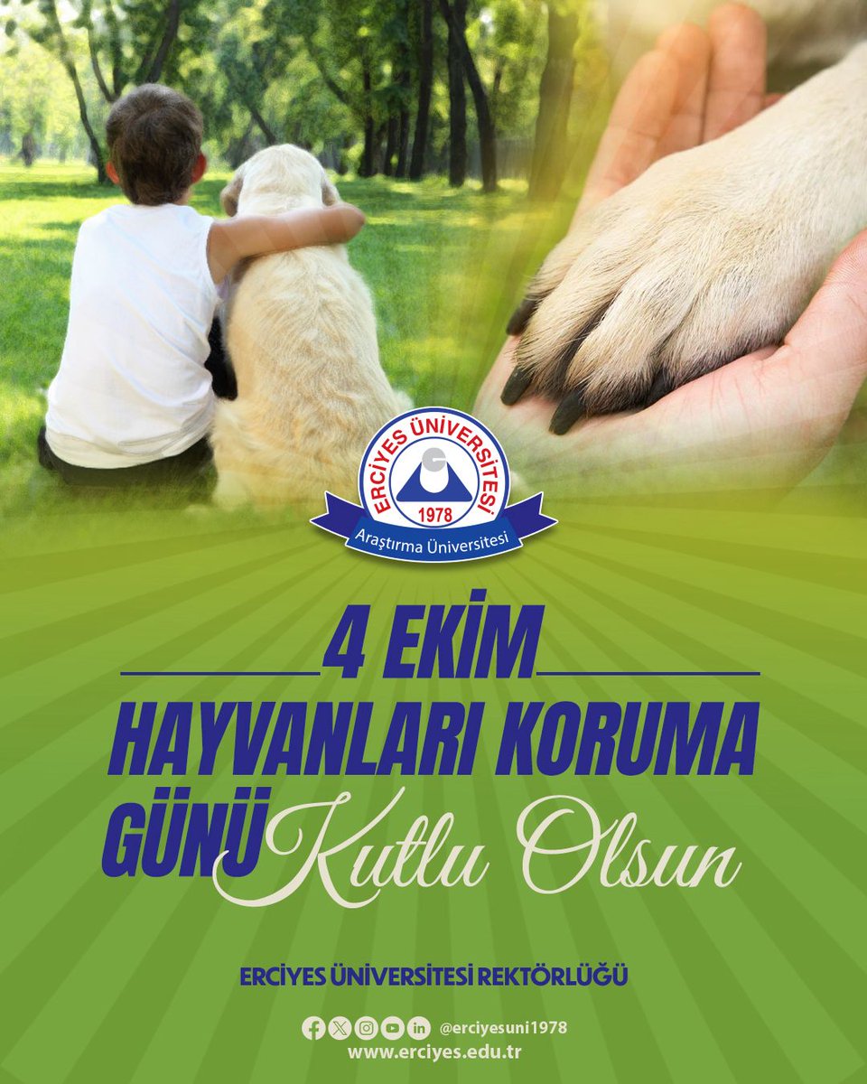 Doğanın ayrılmaz bir parçası olan hayvanların yaşam hakkını korumak, insanlığın ortak sorumluluğudur.

Tüm canlıların güven ve sevgi içinde yaşayabileceği bir dünya dileğiyle, 4 Ekim Hayvanları Koruma Günümüz kutlu olsun.

#ErciyesÜniversitesi #HayvanlarıKorumaGünü