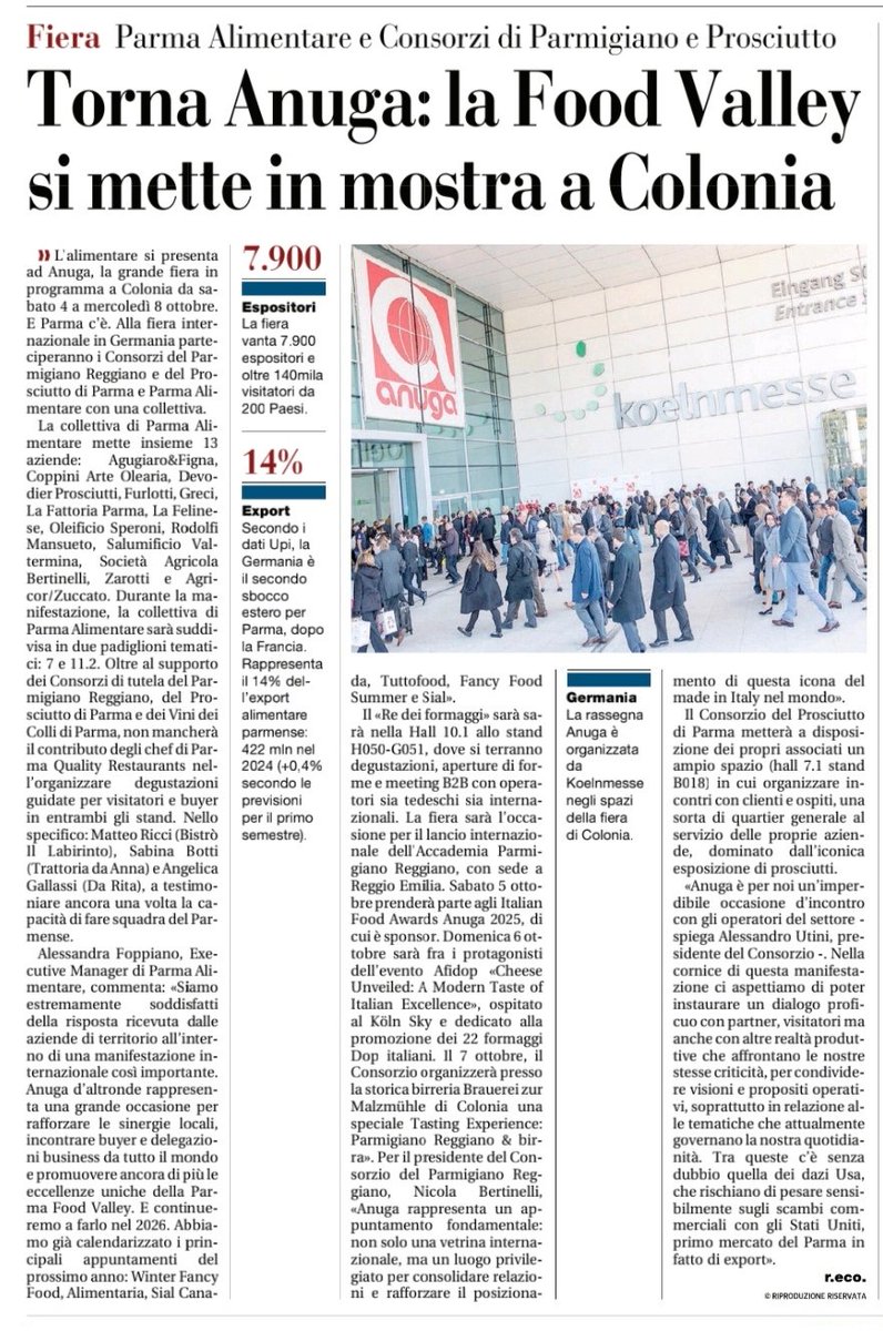 La collettiva di <a href="/ParmaAlimentare/">Parma Alimentare</a> torna ad <a href="/anugacologne/">anuga</a> con 13 aziende dal 4 ottobre

l commento di Alessandra #Foppiano, Executive Manager di Parma Alimentare
Su #GUSTOH24
gustoh24.it/la-collettiva-…

<a href="/parmawelcomeoff/">Parma Welcome</a> <a href="/paoloigna1/">paolo ignazio marong</a>