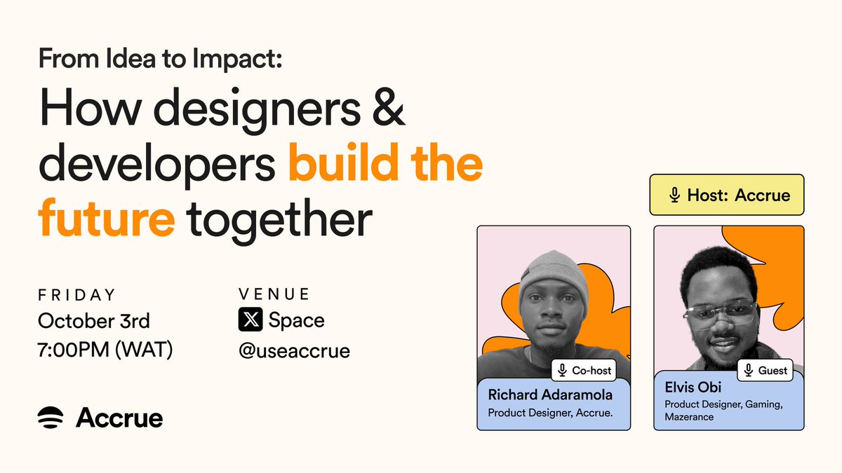 🚀Designers x Developers = Magic!

Join <a href="/TheObiLeonard/">Elvis Obi</a> &amp; <a href="/richard_tiwa/">reetchy.eth</a> this Friday, Oct 3rd at 7:00pm WAT on X Spaces as we dive into the endless possibilities that happen when creativity and code team up to transform lifestyles.

📌 Set your reminder now, you don’t want to miss