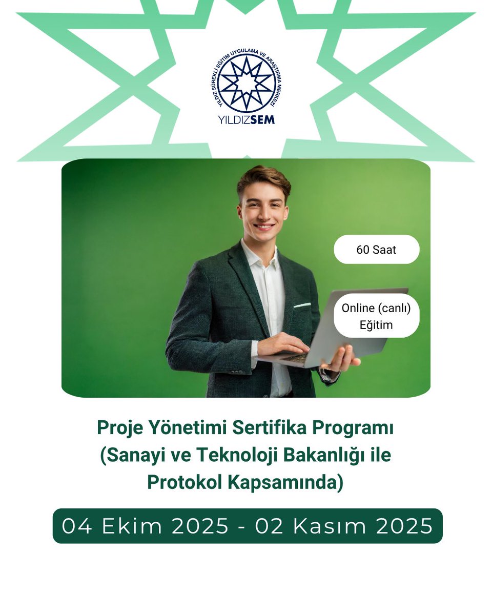 🚀 Proje Yönetimi Sertifika Programı başlıyor!
✔️ Yıldız Teknik Üniversitesi Onaylı Sertifika
✔️ Canlı ve Online Dersler
✔️ Profesyonel Akademisyen Kadro

📅 Eğitim Takvimi &amp; Başvuru:
👉 sem.yildiz.edu.tr/proje-yonetimi