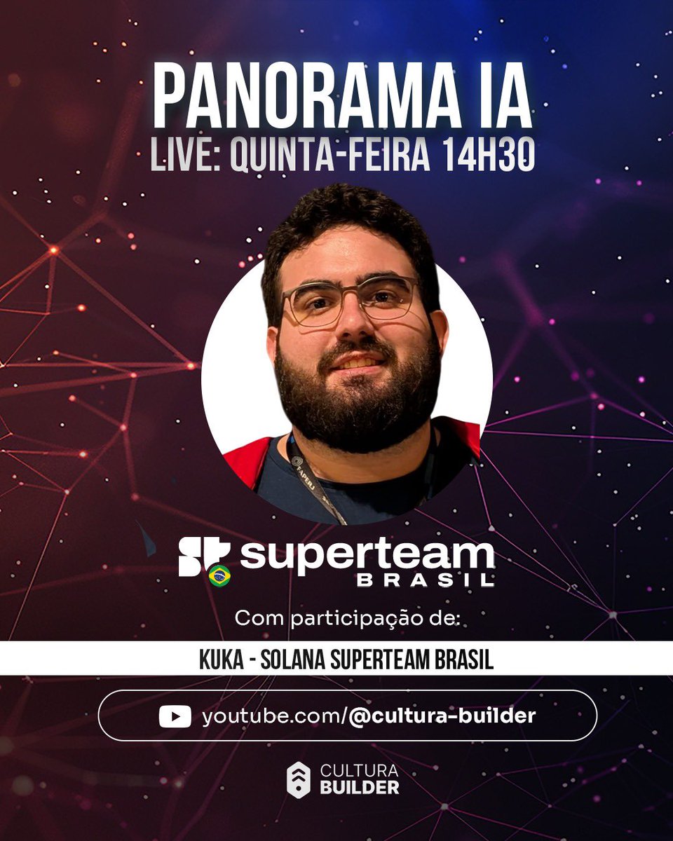 Hoje é dia de live! 

Às 14:30, horário de Brasília, vamos receber o Kuka da Solana <a href="/SuperteamBR/">Superteam Brasil</a>. 

Vamos anunciar um super prêmio para o melhor projeto construído com IA no #buildersmonth.

Não perca!