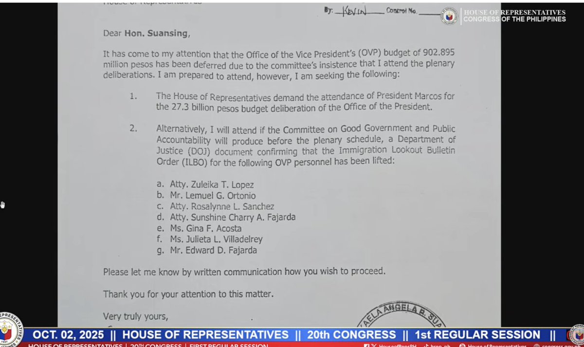 llanescajourno's tweet image. Palawan Rep. Pepito Alvarez says VP Sara Duterte set conditions so she will show up in the House for the defense of OVP's proposed P902 million budget for 2026, including President Ferdinand Marcos, Jr. showing up

Not a single OVP personnel was present @gmanews