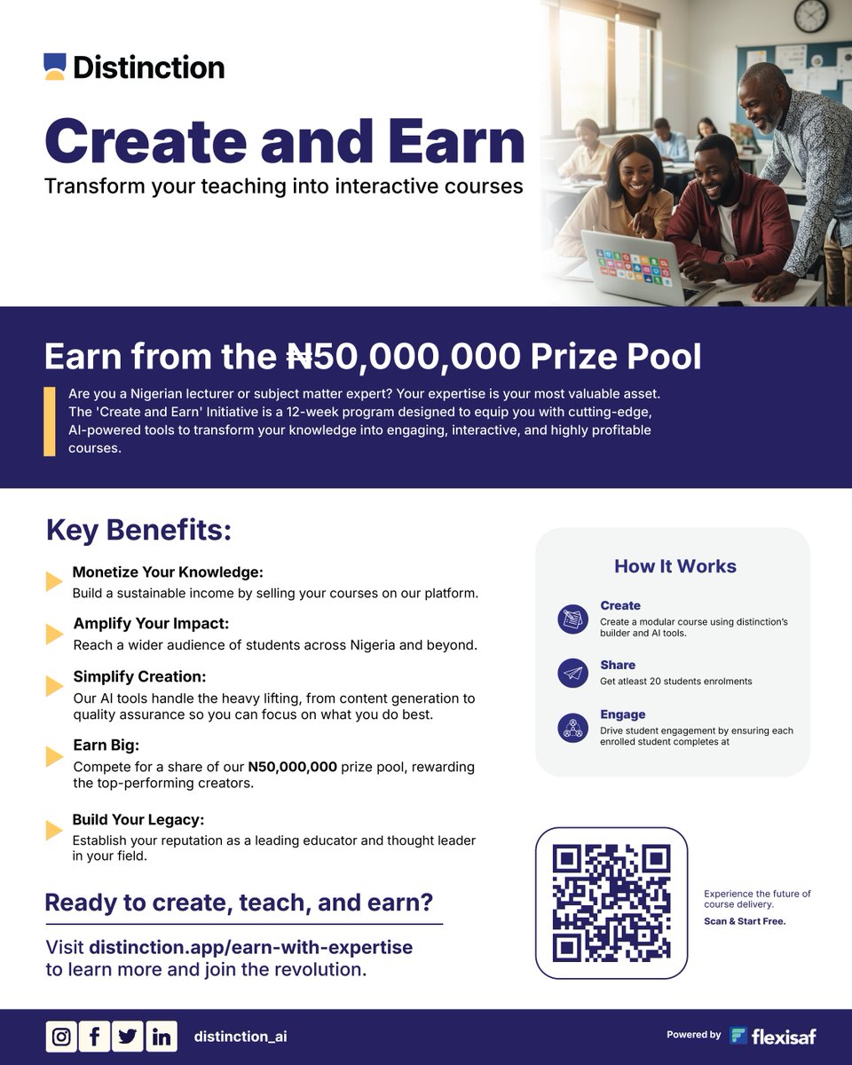 Distinction_AI's tweet image. Join our 12-week &apos;Create and Earn&apos; Initiative and transform your courses into interactive content, monetize your expertise, and compete for ₦50,000,000 in rewards.

👉 Apply now: distinction.app/earn-with-expe…
 
#distinction #distinctionacademy #Elearning #CreateAndEarn