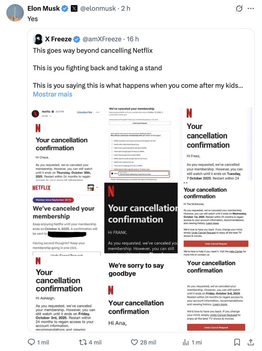 avanessacaldas's tweet photo. Se tem alguém que sabe que pode "sacudir" a internet e balançar negócios "estáveis" é o @elonmusk.

“Cancele a Netflix pela saúde dos seus filhos”, escreveu Musk, em referência à série Dead End: Paranormal Park, que, segundo ele, promoveria “ideologia trans” a crianças. https://t.co/KhKzEMdkJ7