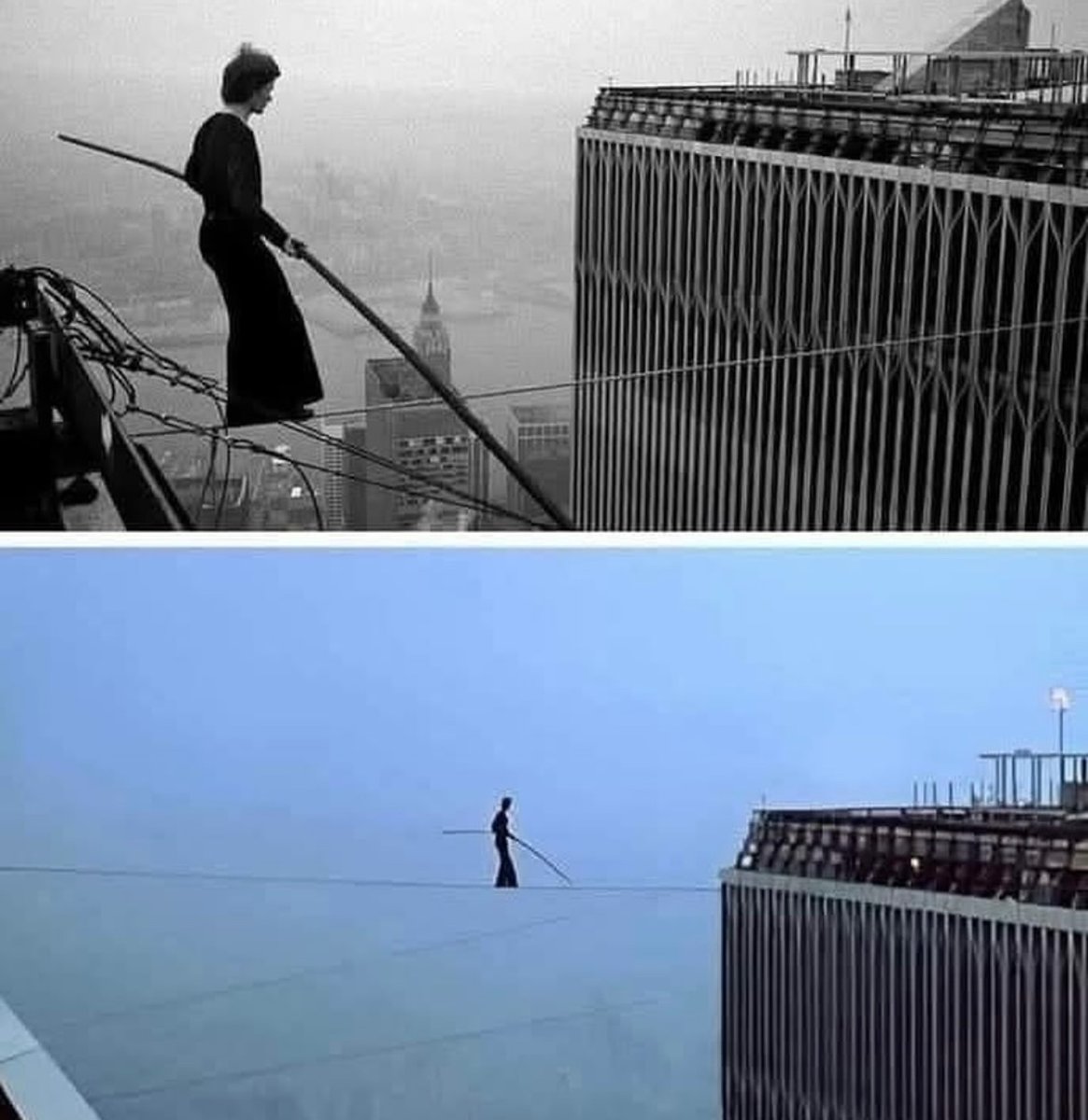 On August 7, 1974, French tightrope walker Philippe Petit performed a high-wire act between the Twin Towers of the World Trade Center in New York.