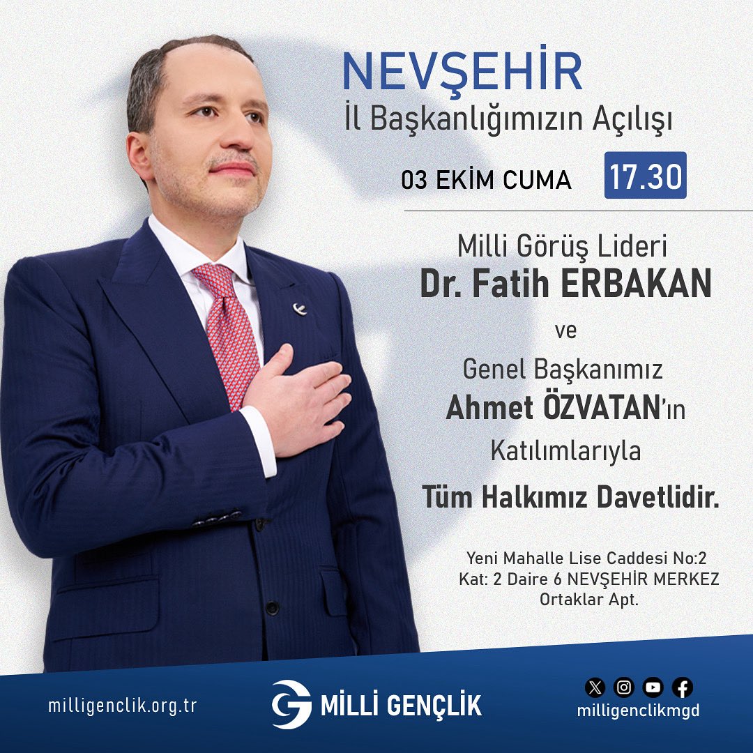 Milli Gençlik Derneği olarak, gençliğimizin  önce ahlak ve maneviyat umdesine uygun olarak yetişmesi için yeni bir adım daha atıyoruz.
Nevşehir İl Binamızın açılışını büyük bir heyecanla gerçekleştiriyoruz.
Açılış programımıza, Milli Görüş Lideri Dr. Fatih ERBAKAN ve Genel