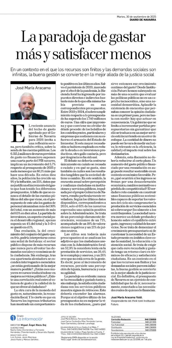 🖋️ Artículo de José María Aracama, vicepte de Institución Futuro
⭐️ La paradoja es inquietante: #Navarra nunca ha recaudado y gastado tanto… y, sin embargo, la satisfacción con los servicios públicos retrocede  ⤵️
ifuturo.org/la-paradoja-de…
#GastoPúblico #BuenGobierno #PGN2026