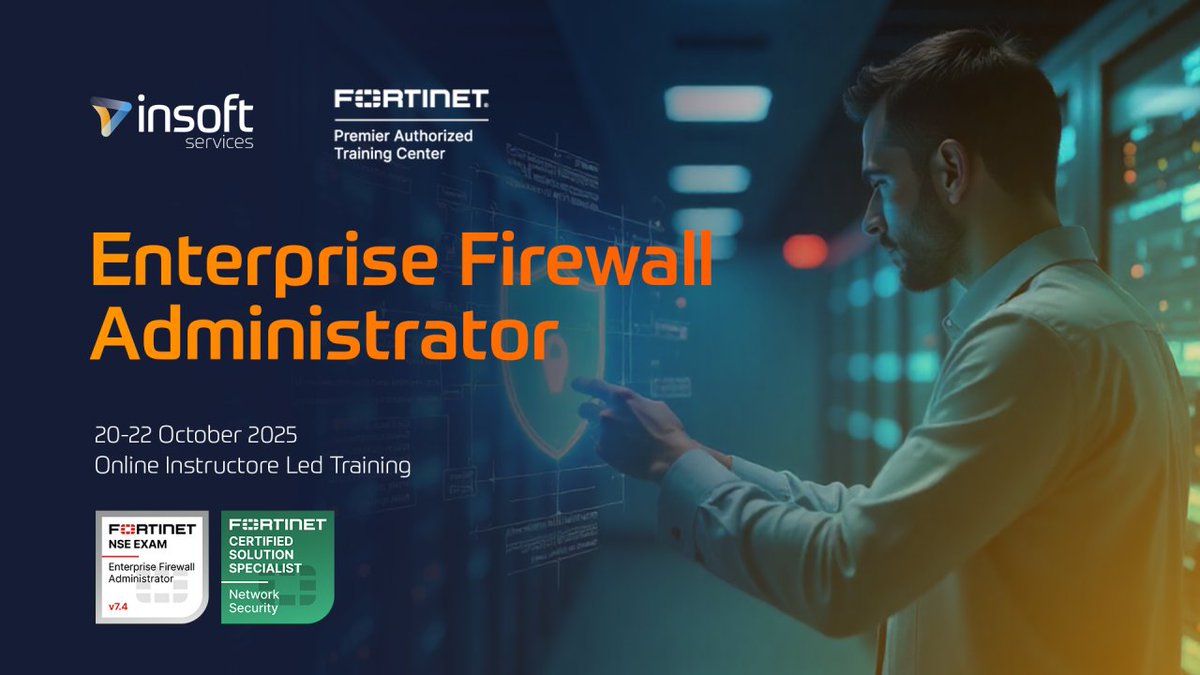 InsoftServices's tweet photo. 🚨 Fortinet pros!
Join our Enterprise Firewall Administrator course on Oct 20–22, 2025. Learn to manage enterprise networks with FortiGate 7.6.2 + prep for FCSS certification.
✅ Advanced-level training
#Fortinet #CyberSecurity #FCSS #InsoftServices https://t.co/0LEGtpCqCC