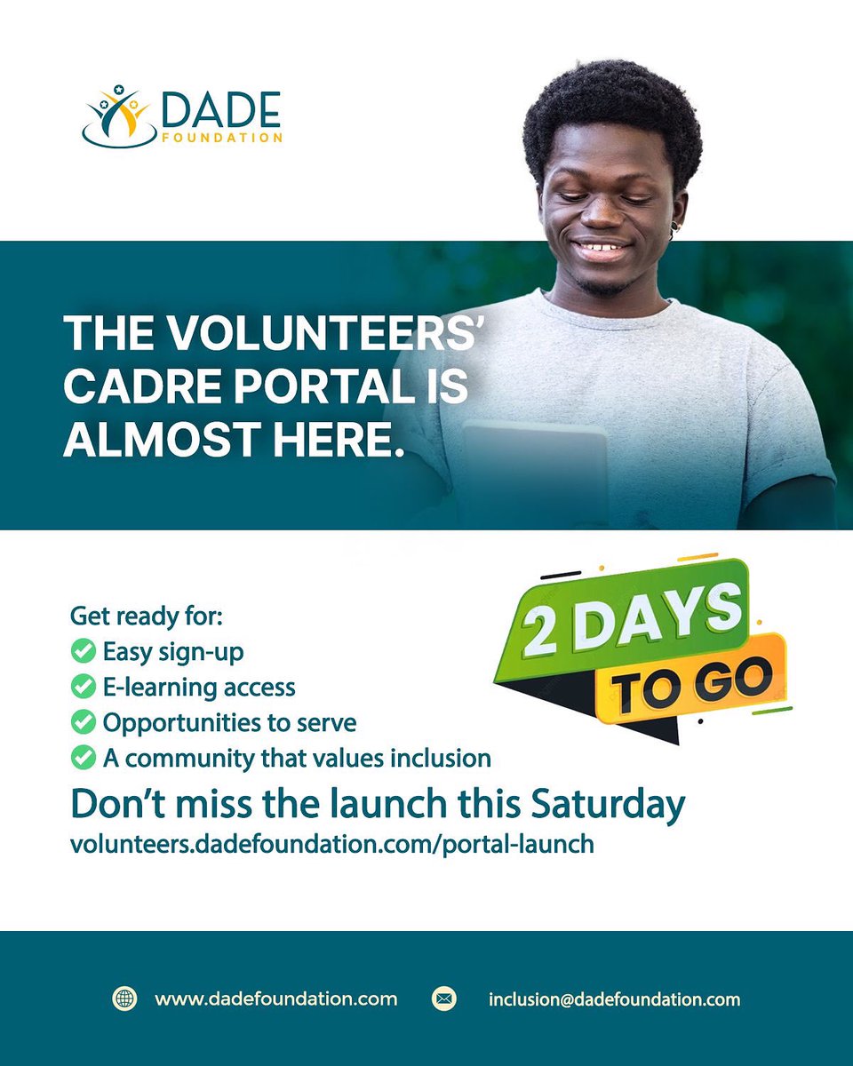 DADEFoundation's tweet image. 2 DAYS TO GO! The Volunteers’ Cadre Portal launches this Saturday 🎉
Easy sign-up. E-learning. Opportunities to serve. An inclusive community.

👉 volunteers.dadefoundation.com/portal-launch
#DADEFoundation #InclusionMatters
