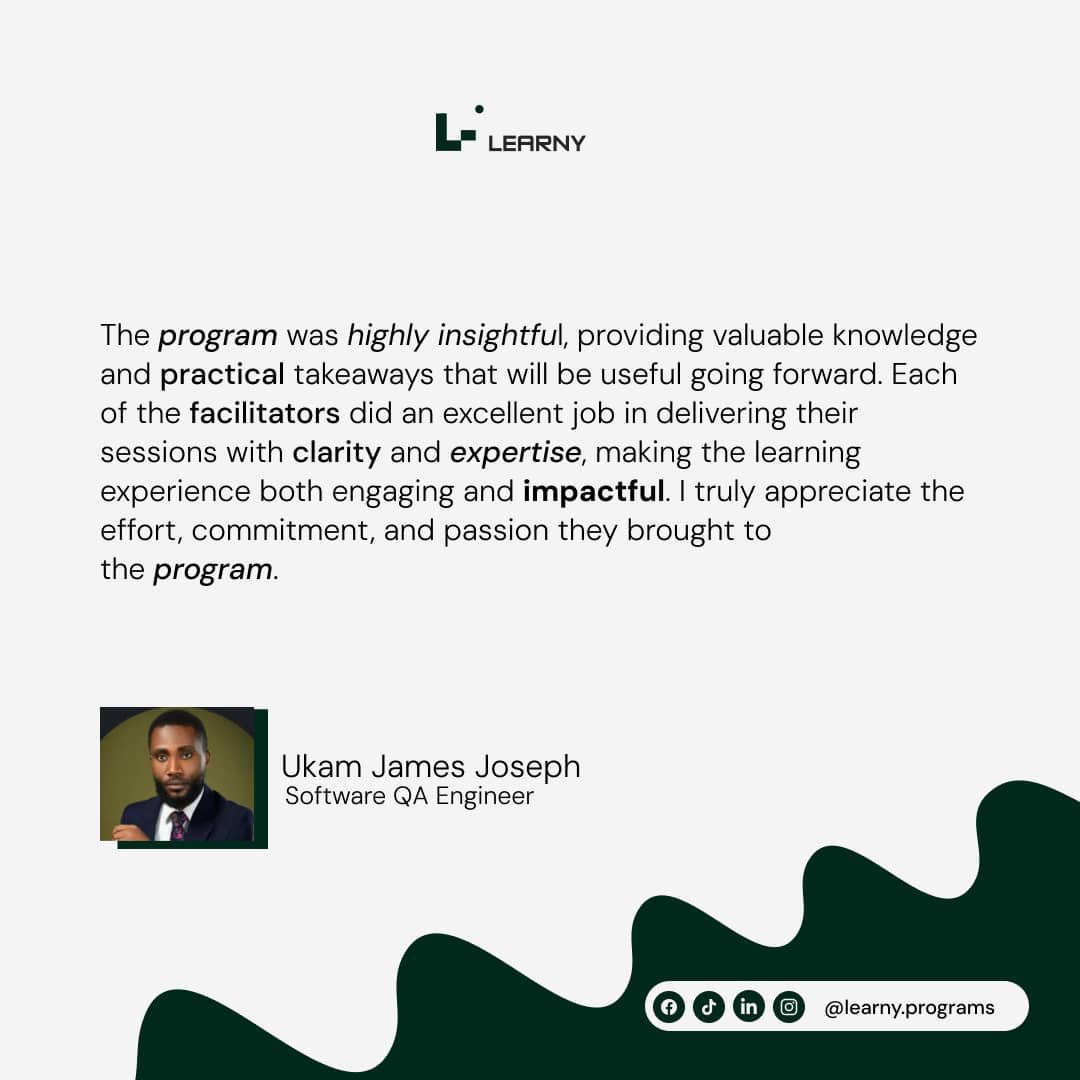 learny_program's tweet photo. Thank you, Ukam James Joseph, for sharing your experience and for being part of the journey. 🚀

At Learny, we’re committed to creating impactful learning experiences that go beyond theory, equipping you with clarity, expertise, and the confidence to grow. 🌱 https://t.co/o7cNnPTFgA