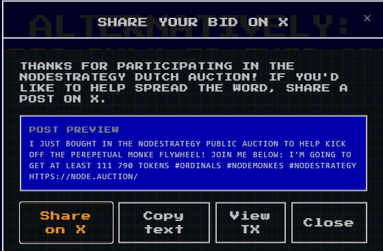 22fumar22's tweet image. I just bought in the NodeStrategy Public Auction to help kick off the perpetual monke flywheel! 

Join me below: I&apos;m going to get at least 111 790 tokens #Ordinals #Nodemonkes #NodeStrategy 
node.auction