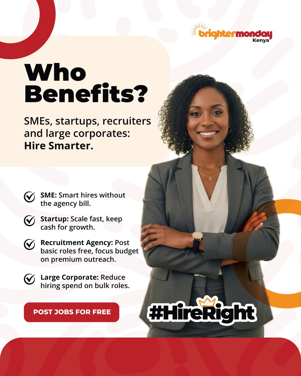 SMEs, Startups, Recruitment firms, Large corporates, this one’s for you. 

Post entry-level roles for free: brightermonday.co.ke/employer/free-…

#TheFuse984
<a href="/BrighterMonKE/">BrighterMonday Ke</a>