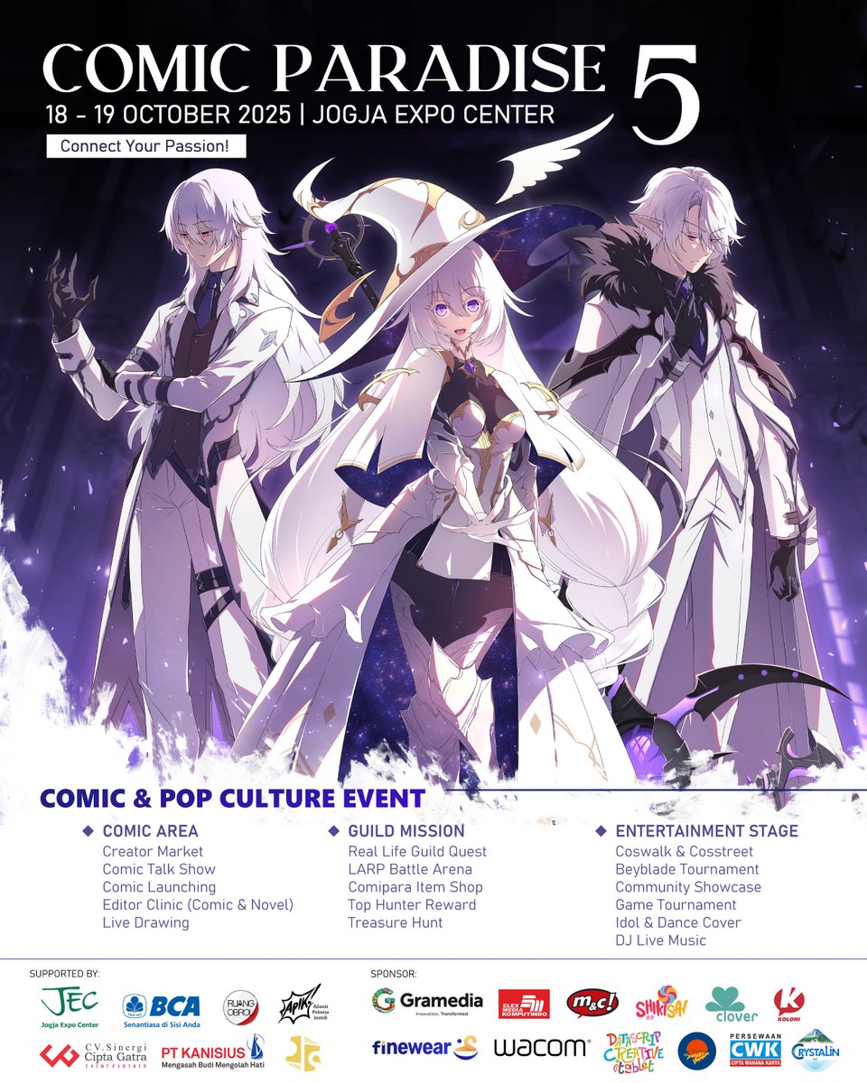 [ANNOUNCEMENT]
Ara mempersembahkan... COMIC PARADISE 5!

Akhirnyaaa, ini diaaa, yang paling Ara tunggu-tunggu buat share ke temen-temen nih, yaaay~ 
✧◝(ᵔᗜᵔ)◜✧

COMIPARA 5
🗓️ Sabtu-Minggu, 18-19 Oktober 2025
📍 Jogja Expo Center, Grand Bima Hall
🎫 50K/hari⁣ (OTS, QRIS)