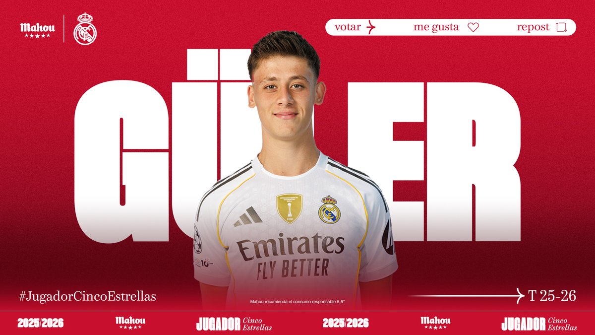 RT o MG si crees que <a href="/10ardaguler/">Arda Güler</a> ha sido el #JugadorCincoEstrellas del <a href="/realmadrid/">Real Madrid C.F.</a> en septiembre. (2/6)