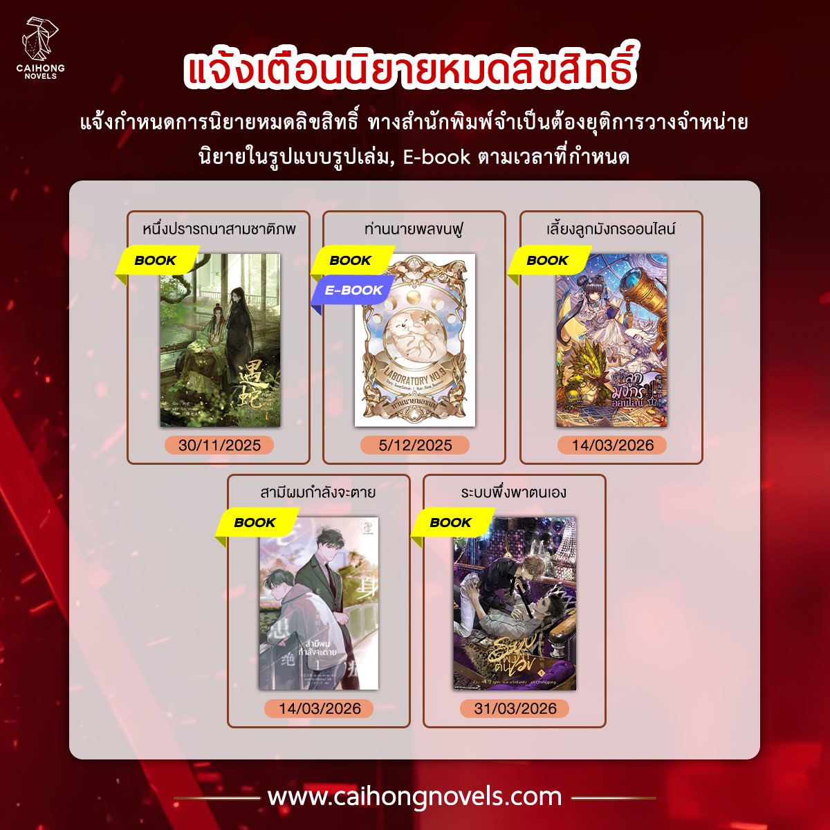 caihongnovels's tweet photo. แจ้งเตือนกำหนดการ #นิยายหมดลิขสิทธิ์ ✨

#หนึ่งปรารถนาสามชาติภพ
 🚨 หมดลิขสิทธิ์ 30/11/2025 (รูปเล่ม)

Laboratory No. 9 #ท่านนายพลขนฟู 
 🚨 หมดลิขสิทธิ์ 5/12/2025 (รูปเล่ม + ebook)

#เลี้ยงลูกมังกรออนไลน์
 🚨 หมดลิขสิทธิ์ 14/3/2026 (รูปเล่ม)

#สามีผมกำลังจะตาย #สามีป่วย
 🚨 หมดลิขสิทธิ์ 14/3/2026 (รูปเล่ม)

#ระบบพึ่งพาตนเอง #ผู้ชายไม่กินข้าวนิ่ม
 🚨 หมดลิขสิทธิ์ 31/3/2026 (รูปเล่ม)

งานหนังสือรอบนี้หงหงมีเคลียร์โกดัง เล็งเรื่องไหนไว้ กำเงินไว้ได้เลยน้าาาาา 🫶🏻💕