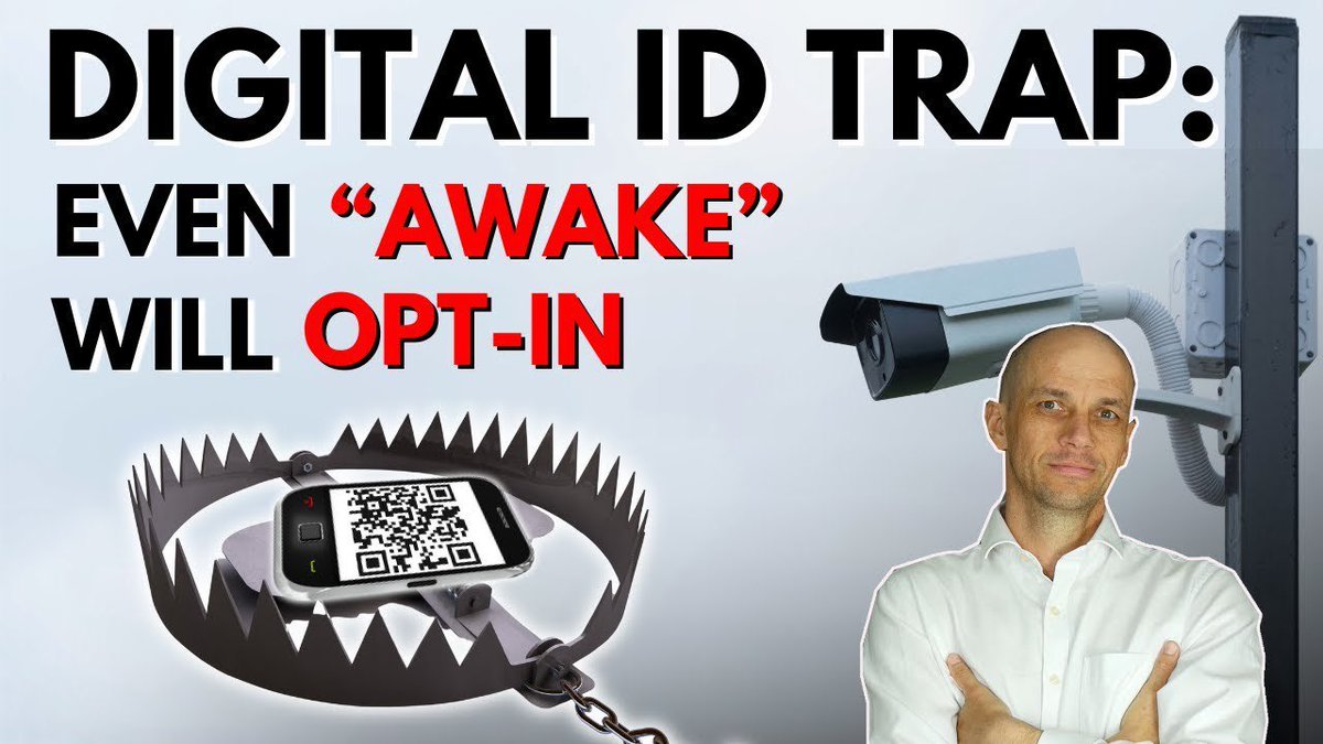 A smartphone displaying a QR code trapped in a metal bear trap with sharp teeth, chained. A security camera mounted on a pole. Andrew Bridgen standing with arms crossed, wearing a white shirt. Text overlay reading 