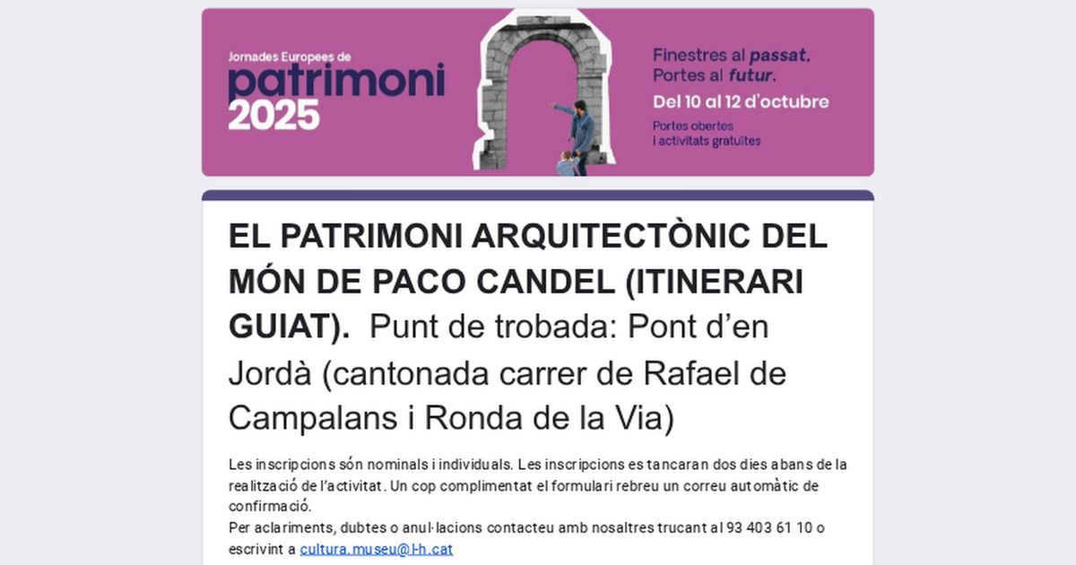 El <a href="/CELHOSPI/">CELH CentreEstudisLH</a> i el <a href="/MuseuLH/">Museu L'Hospitalet</a> et porten "El patrimoni arquitectònic del món de Paco Candel". Itinerari per conèixer el patrimoni arquitectònic que va marcar el món literari de l'autor.
📆 11 d'octubre
⏰ 11 h
📍 Trobada: Pont d’en Jordà
✍️ Inscripció prèvia buff.ly/ZHzdIw1