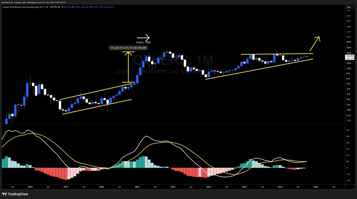 DorkChicken's tweet image. $OTHERS Monthly....Last run when prior ATH was taken it took ~100 days for the mega pump to play out. 

Looking good so far but be prepared for explosive and short altszn.