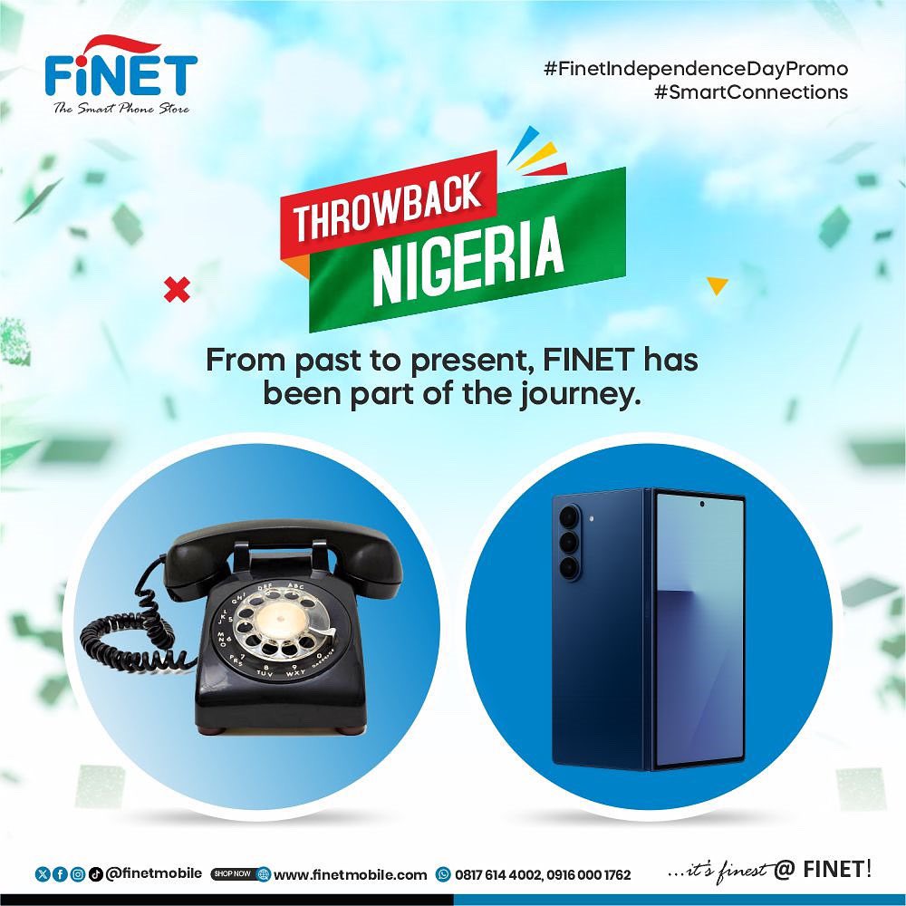 FinetMobile's tweet photo. From Dial to Digital: Nigeria’s Journey of Connection!
From rotary dials to foldable screens, our story of connection has been remarkable.
Through it all, FINET has been here — connecting people, powering dreams & shaping the future.
#NaijaAt65 #FinetIndependenceDayPromo https://t.co/RzCpy7erJH