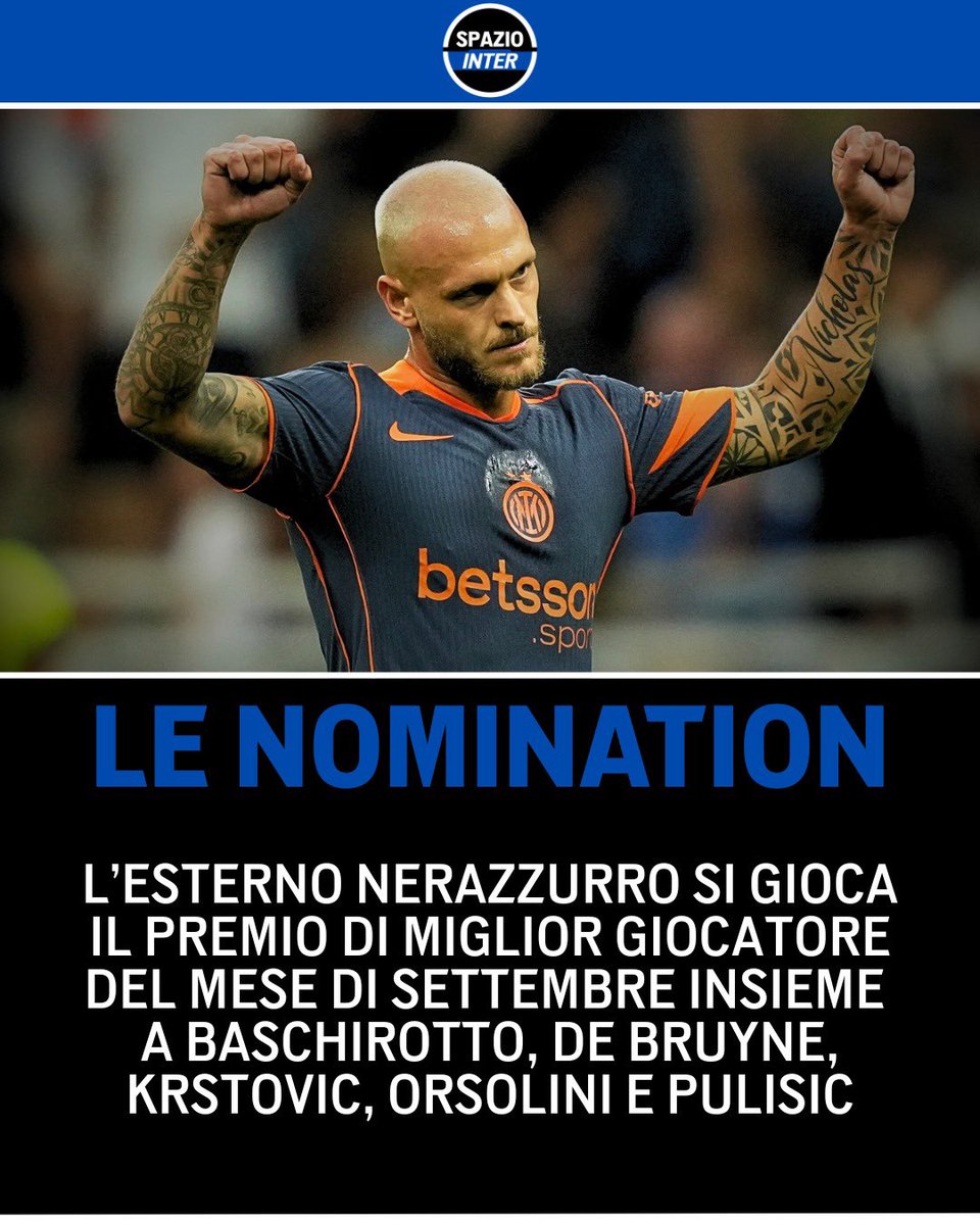 SpazioInter's tweet image. Federico Dimarco candidato al premio di &quot;Player of the Month&quot; di settembre della Serie A 👀

L&apos;esterno nerazzurro si giocherà il riconoscimento insieme a Baschirotto, De Bruyne, Krstovic, Orsolini e Pulisic 🚨

#Inter #Dimarco #SpazioInter