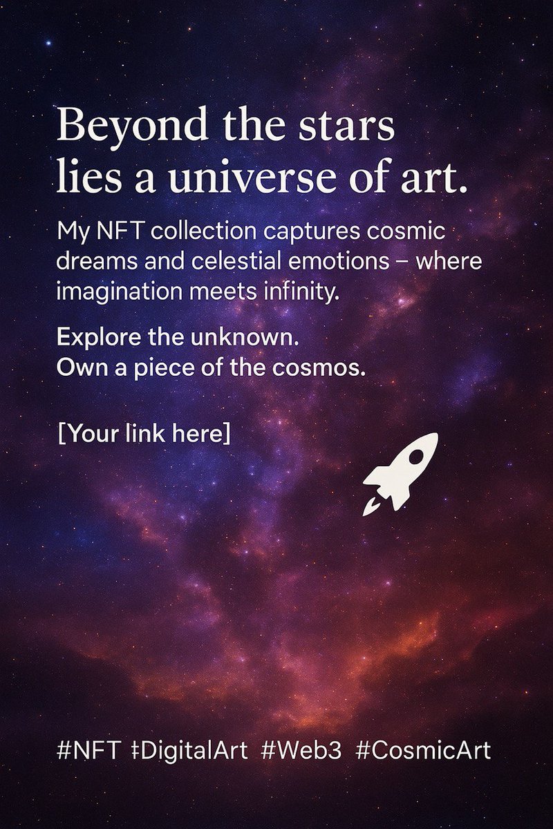 RFE531's tweet photo. Beyond the stars lies a universe of art.
My NFT collection captures cosmic dreams and celestial emotions — where imagination meets infinity.
Explore the unknown. Own a piece of the cosmos.
🚀

#NFT #DigitalArt #Web3 #CosmicArt https://t.co/PvbudLjn4F