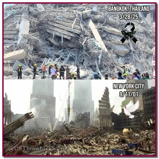 Examine these two images for a sufficient duration, and you will notice something quite unusual.

The first image depicts the flattened floors of the 30-story Bangkok apartment building that collapsed during the 7.7 earthquake.

The second image illustrates the remnants of the
